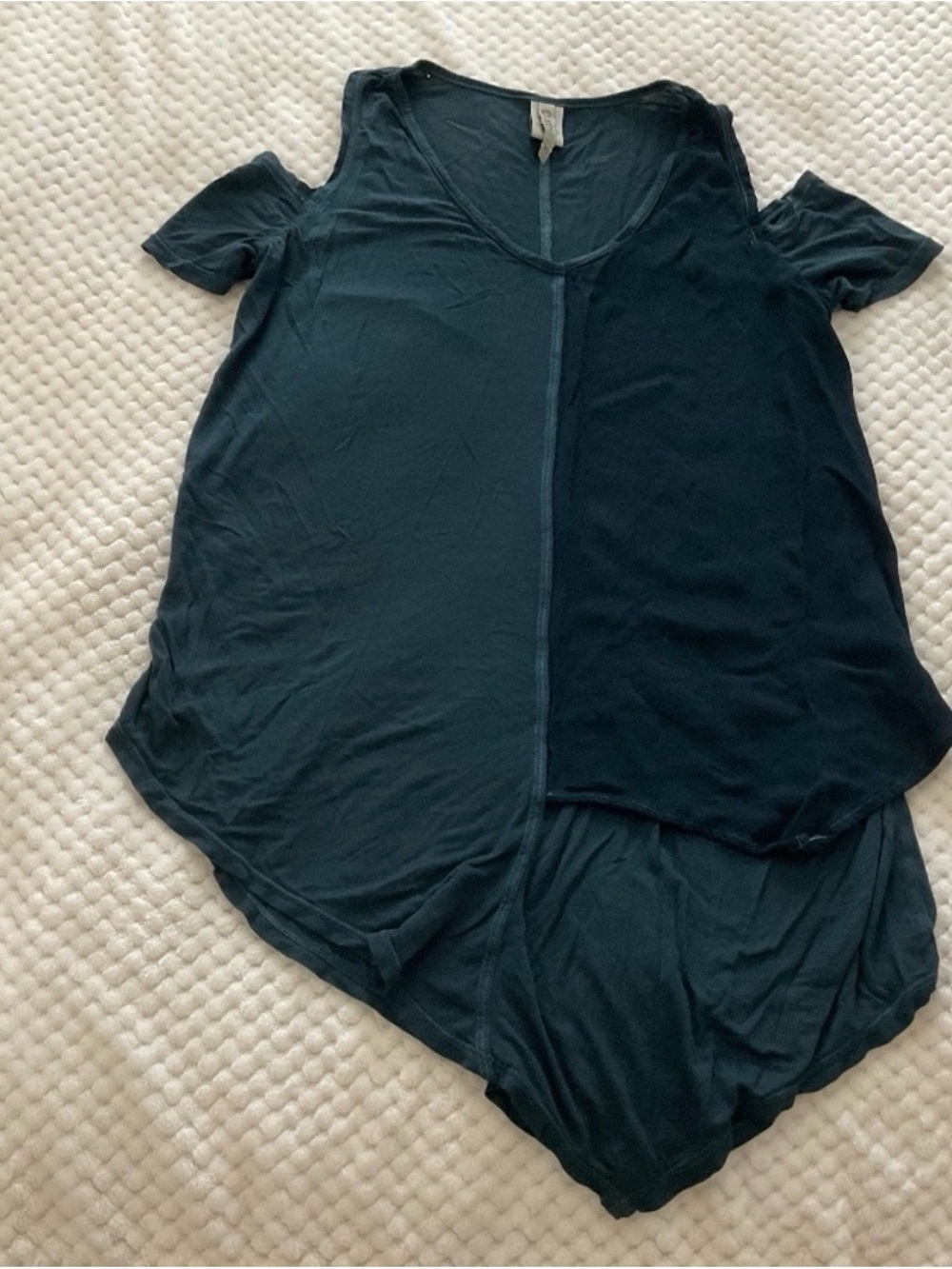 XCVI Dark Teal Asymmetrical Cold-Shoulder Top